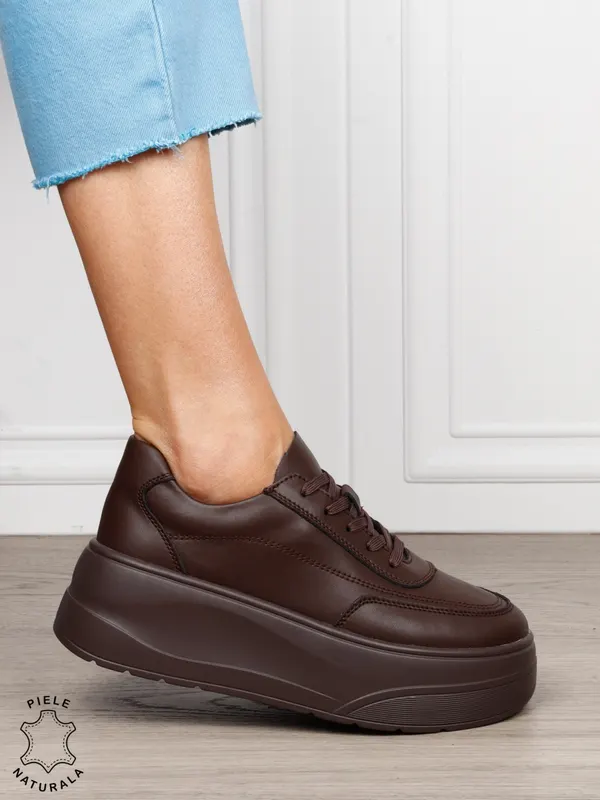Pantofi casual damă din piele naturală cu siret CRL1822 CAFENIU