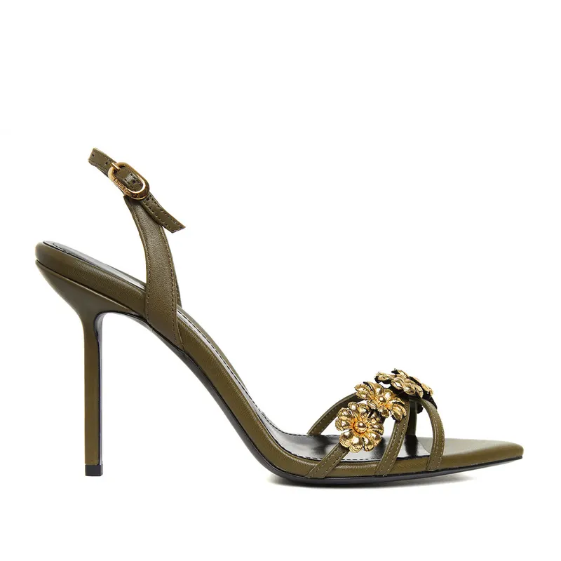 Sandale Amelie Piele Naturala, Kaki/Auriu - Premium Collection