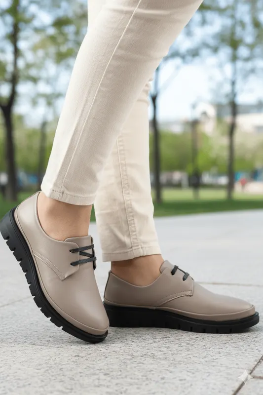 Pantofi Casual din Piele Gri cu Siret - FLOA TAUPE