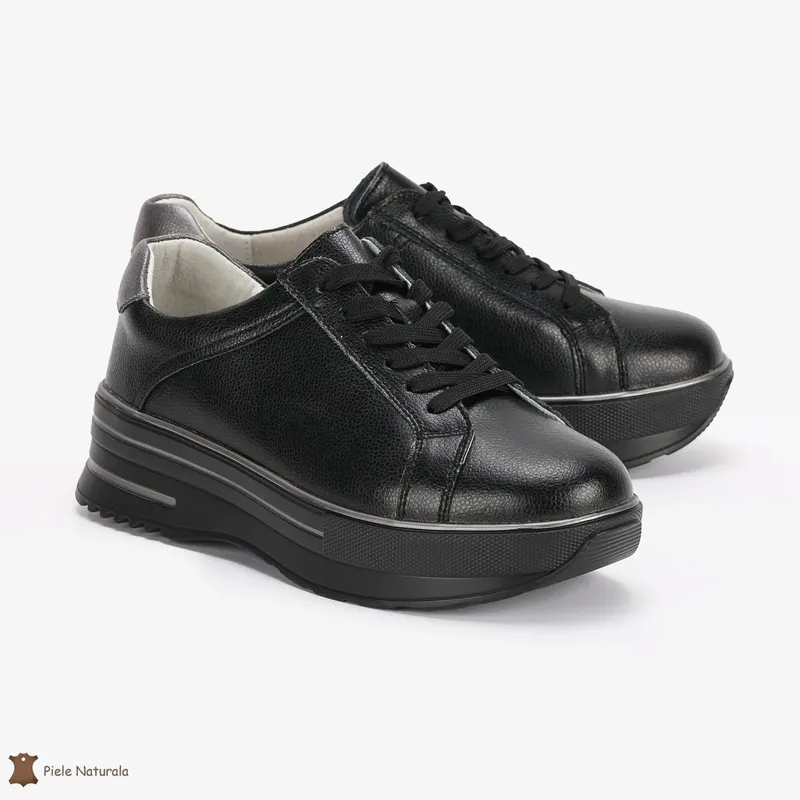 Pantofi Casual de dama din Piele naturala cu talpa groasa CRL0493 NEGRU