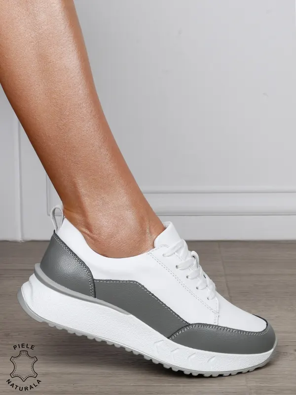 Pantofi Casual Damă din Piele Naturală cu Șiret și Design în Combinație de Culori ALB CRL1800