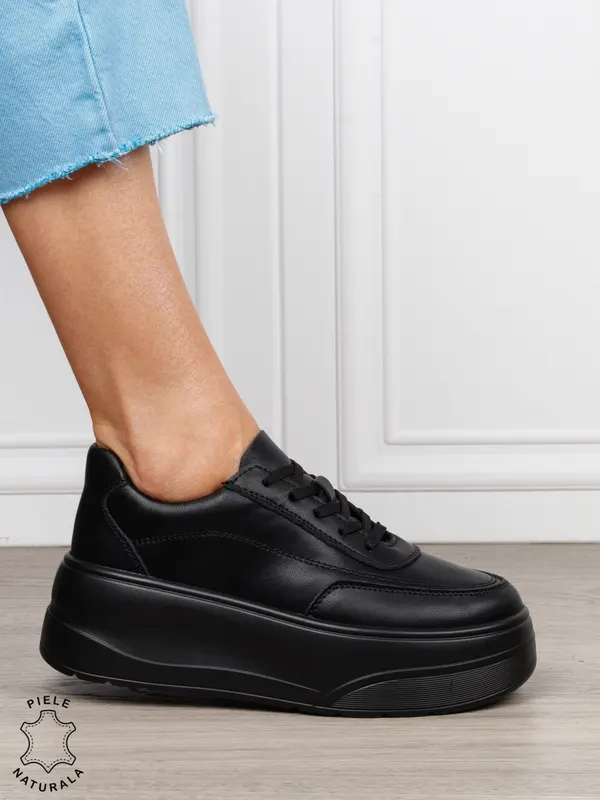 Pantofi casual damă din piele naturală cu siret CRL1822 NEGRU