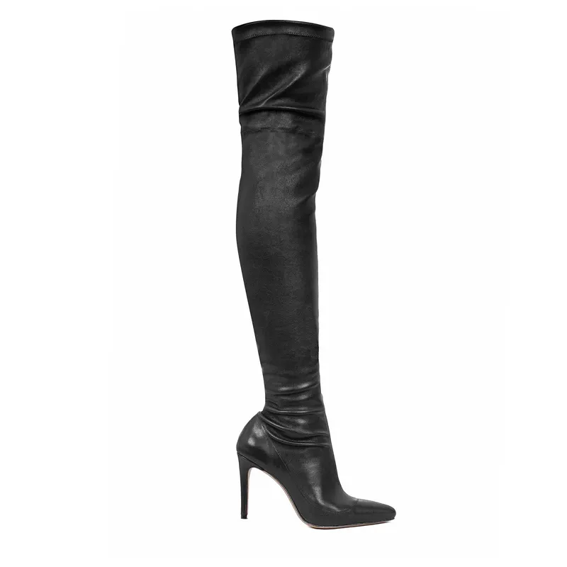 Cizme Mia din Piele Elastica, Peste Genunchi, Negre