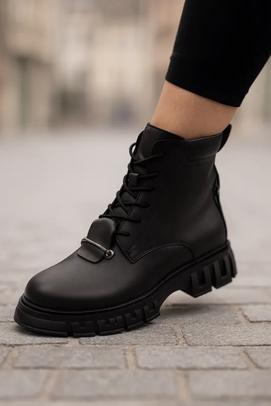 Ghete Dama din Piele Negre cu Accesoriu - GEZI B