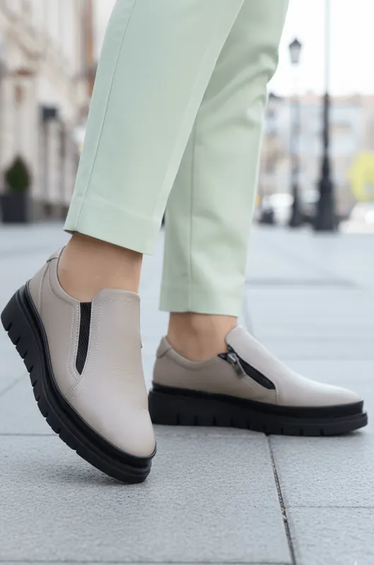 Pantofi Casual din Piele Gri cu Fermoar - VIA TAUPE
