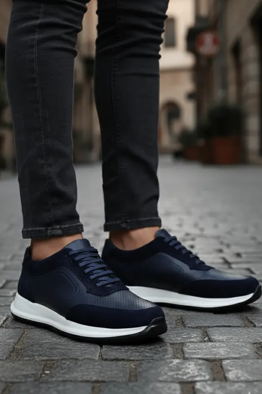 Sneakers din Piele Albastri cu Siret - VERN BLU