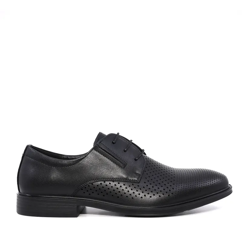 Pantofi derby bărbați negri din piele cu perforații 3859BPF437N