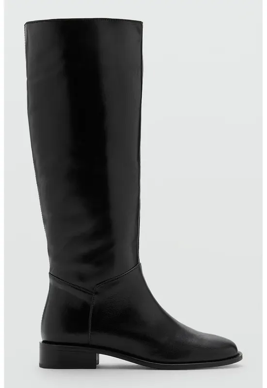 Cizme lungi de piele cu varf patrat - Negru