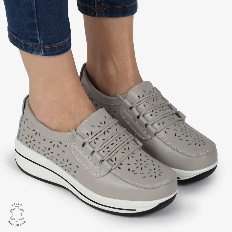 Mocasini dama din Piele Naturala Perforati CRL1364 GRI