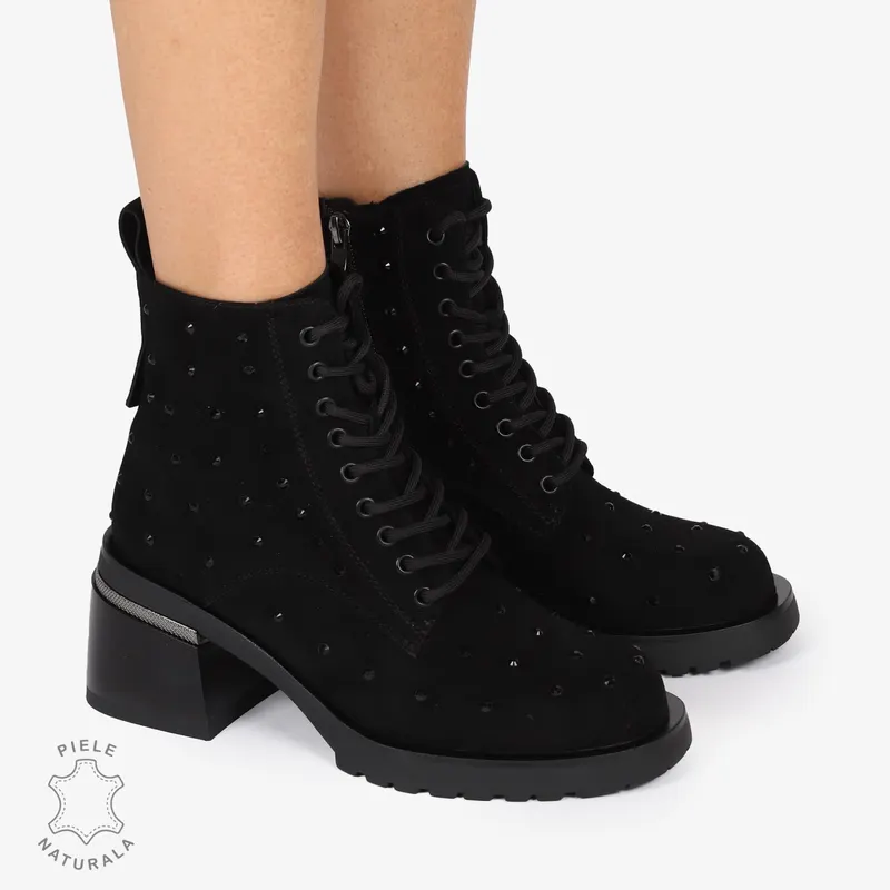 Botine Piele Naturala Intoarsa cu Stras si toc Gros CRL1245 NEGRU