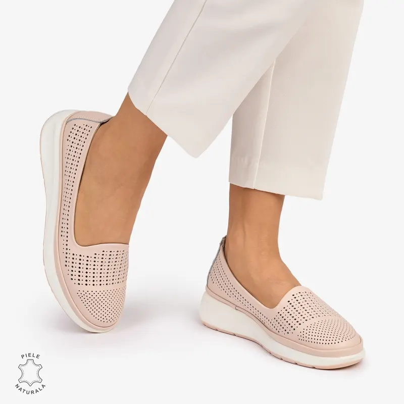 Balerini dama din Piele Naturala Perforata CRL1075 CULOARE: Roz