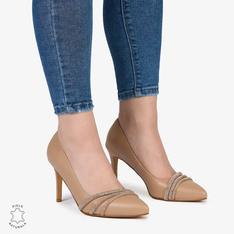 Pantofi Eleganți dama din Piele Naturala cu strasuri si toc subtire CRL0983 BEJ