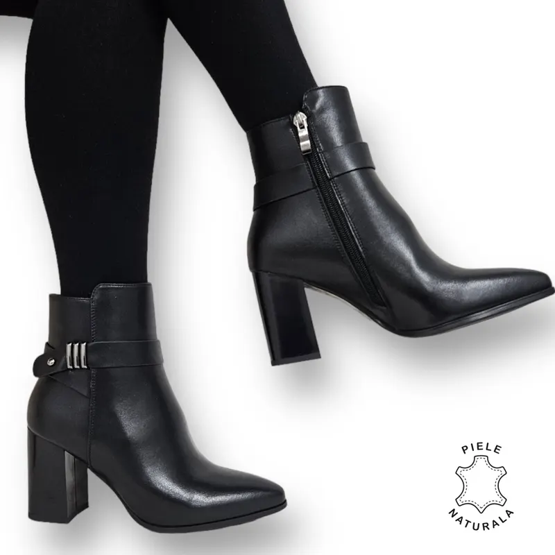 Botine DAMA din PIELE Naturala cu FERMOAR si Catarama CRL0927 CULOARE: Negru
