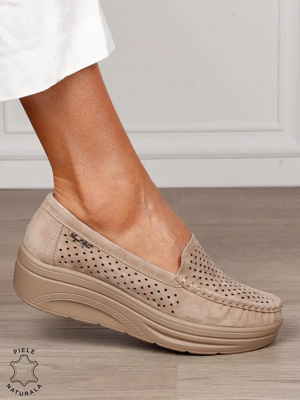MOCASINI damă din piele naturală intoarsa CRL1579 KHAKI
