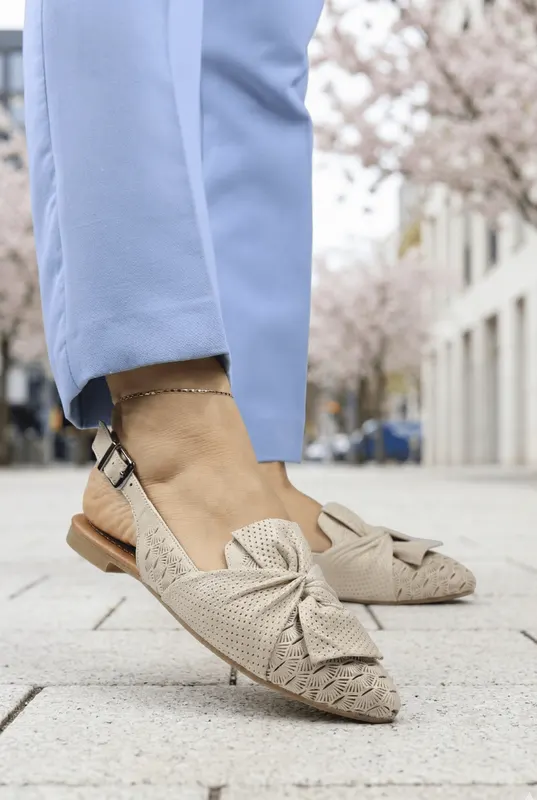 Balerini Decupati din Piele Bej cu Fundita - ZYO BEIGE
