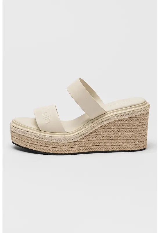 Papuci din piele cu talpa wedge si detaliu logo - Crem