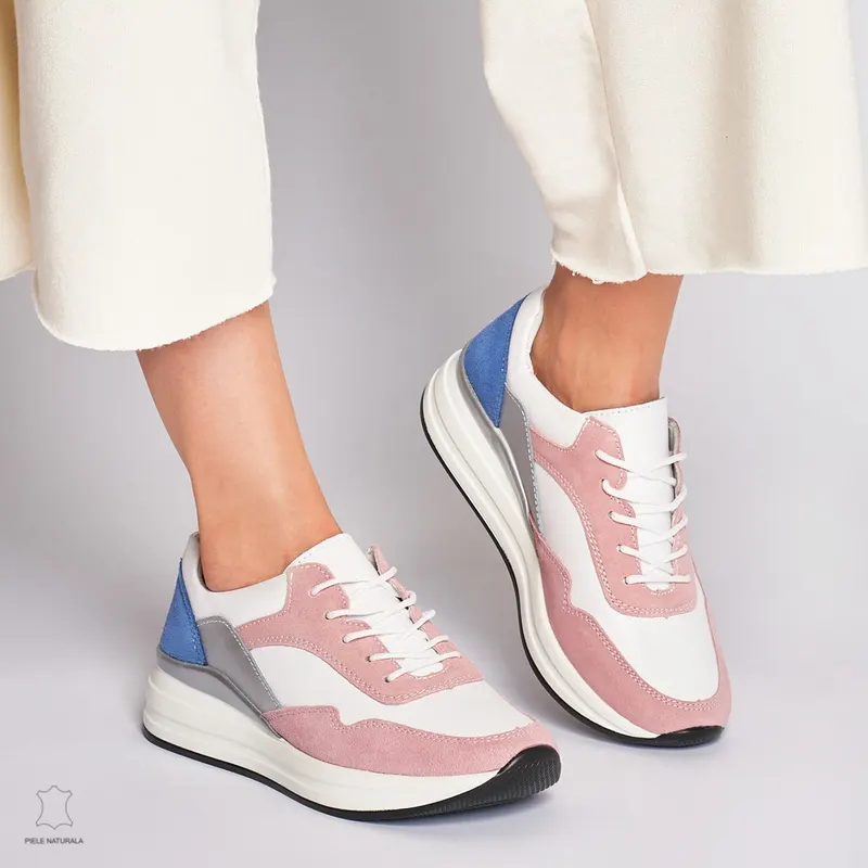 Pantofi Casual dama din Piele naturala Multicolor CRL1234 ALB CU ROZ