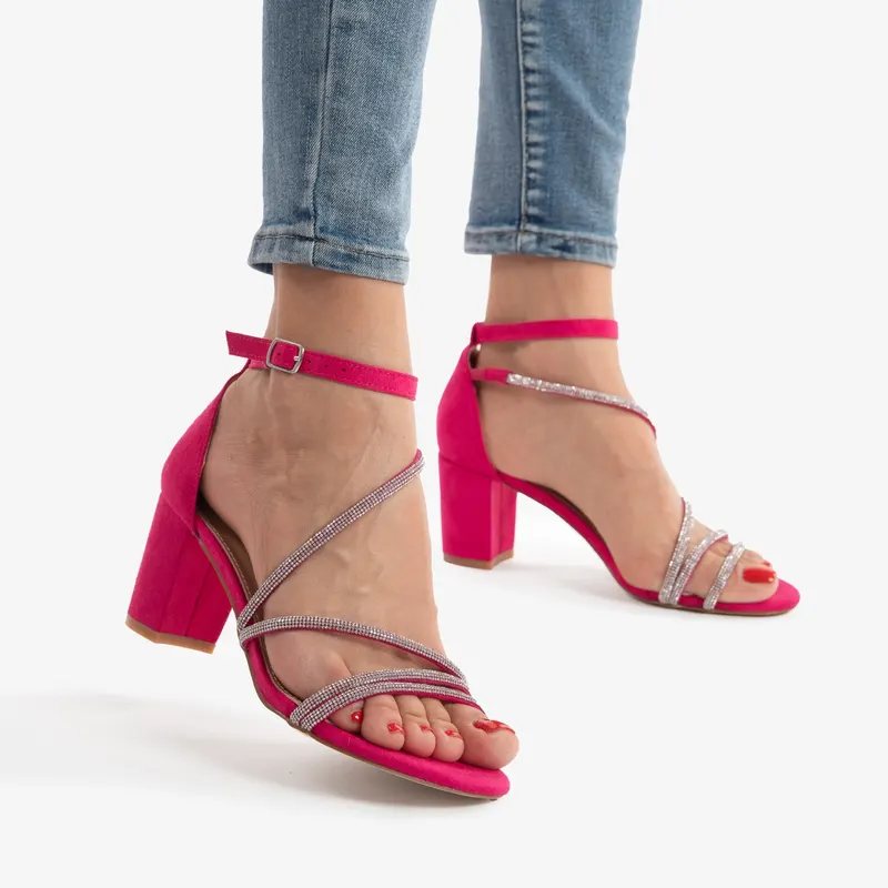 SANDALE ELEGANTE DIN PIELE ECOLOGICA Intoarsa Cu Toc Gros si strasuri CRL0754 FUCSIA