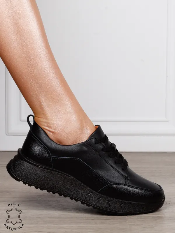 Pantofi Casual Damă din Piele Naturală cu Șiret și Talpă Comfort NEGRU CRL1800