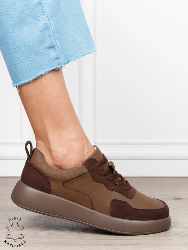 Pantofi casual dama din piele naturală cu finisaj premium CRL1823 CAFENIU