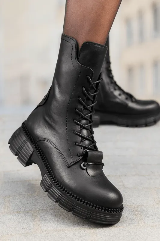 Ghete Dama din Piele Negre cu Accesoriu - GEZI