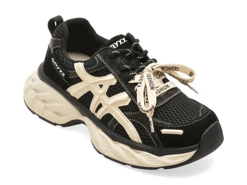 Pantofi sport negri, T6533, din material textil si piele naturala