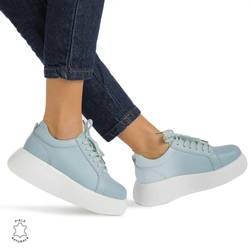 Pantofi casual piele naturala cu talpa inalta CRL881 ALBASTRU
