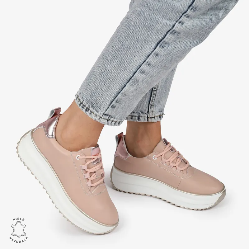 Pantofi CASUAL PIELE NATURALA cu TALPA INALTA CRL1291 ROZ