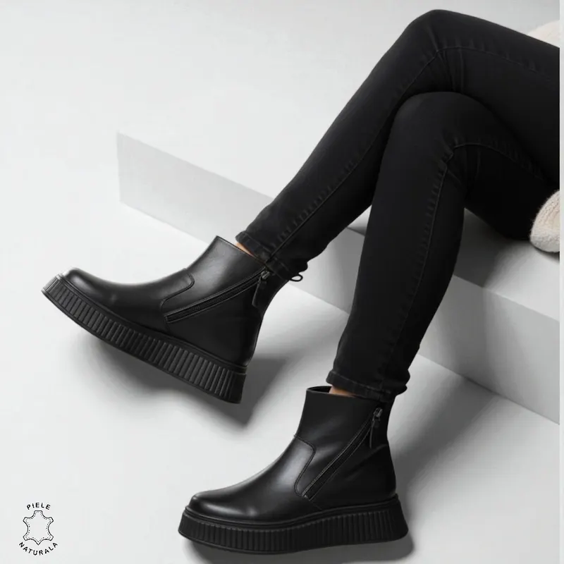 GHETE DAMA din PIELE Naturala cu talpa groasa cu dublu fermoar CRL1533NEGRU
