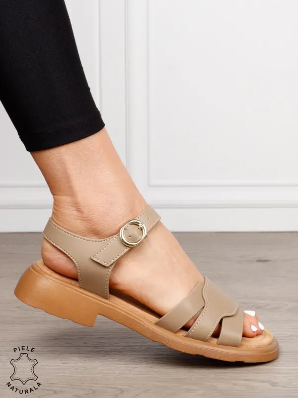 Sandale dama din Piele Naturala CU TOC MIC PATRAT CRL1559 KHAKI