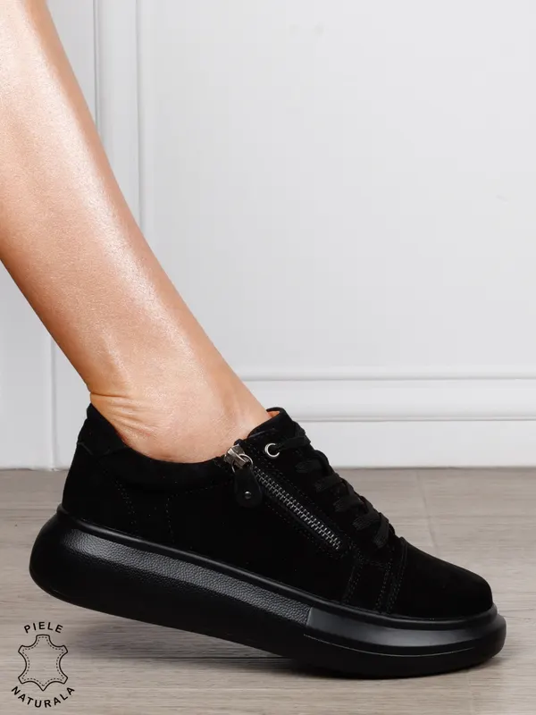 Pantofi Casual Damă din Piele Naturală intoarsa cu Fermoar Lateral CRL1801 NEGRU