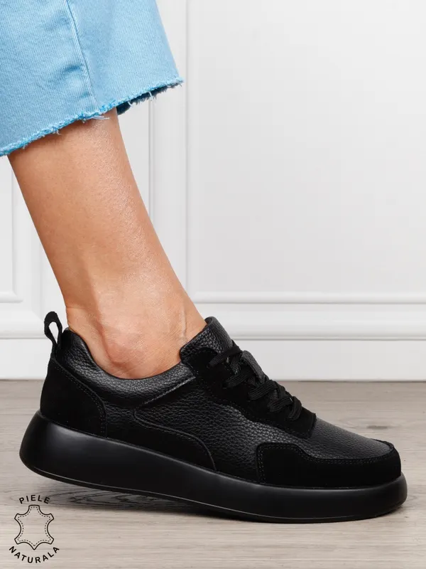 Pantofi casual dama din piele naturală cu finisaj premium CRL1823 NEGRU
