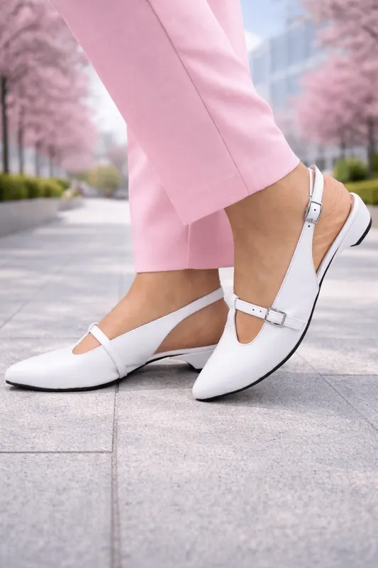 Pantofi Eleganti Toc Mic cu Decupaj din Piele Albi - ELYM WHITE