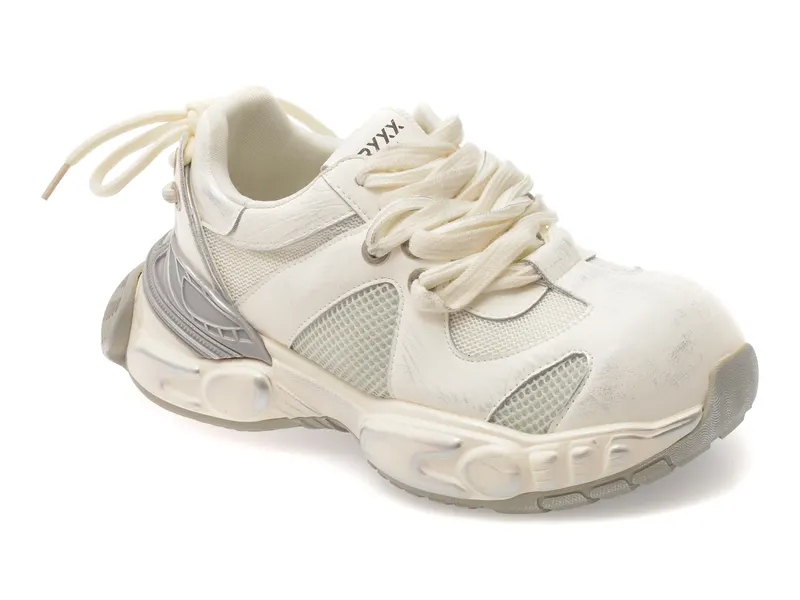 Pantofi sport albi, 2063, din material textil si piele naturala