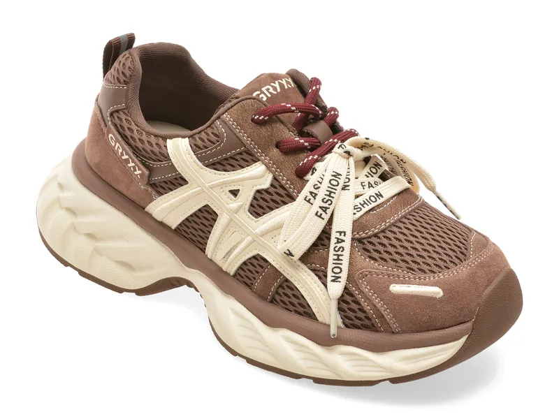 Pantofi sport maro, T6533, din material textil si piele naturala