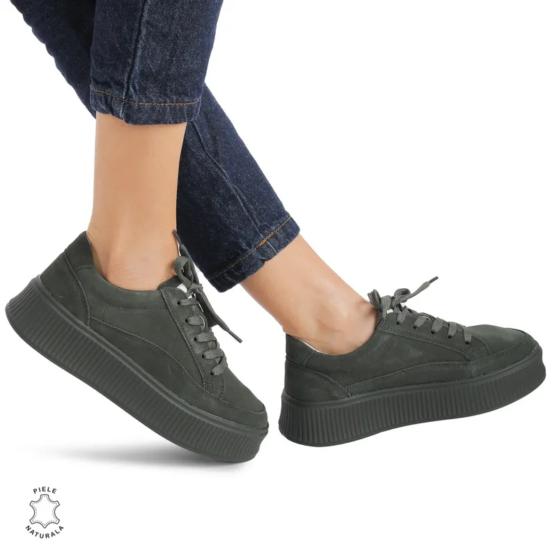 Pantofi casual dama piele Piele naturala intoarsa si talpa plata CRL0870 VERDE