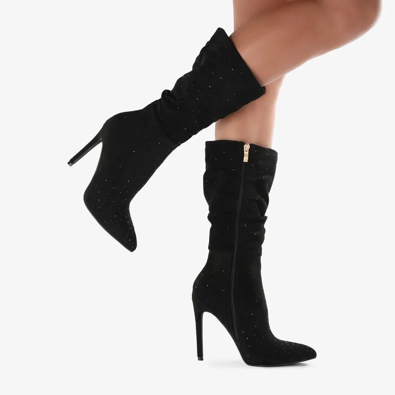 Cizme elegante de dama din piele ecologica intoarsa si strasuri aplicate CRL0692 Negre