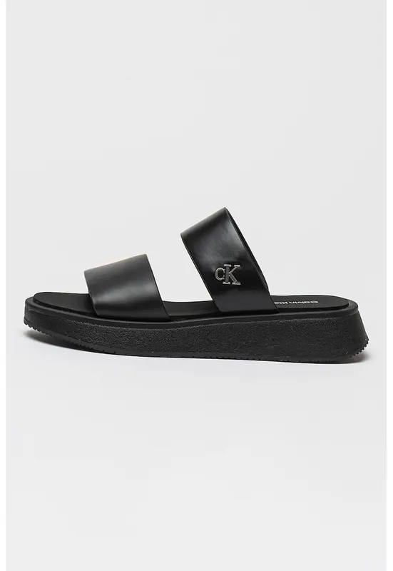 Papuci din piele cu barete duble si monograma metalica - Negru