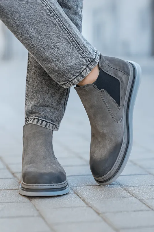 Ghete Casual Barbati din Piele Intoarsa Gri - ZENO