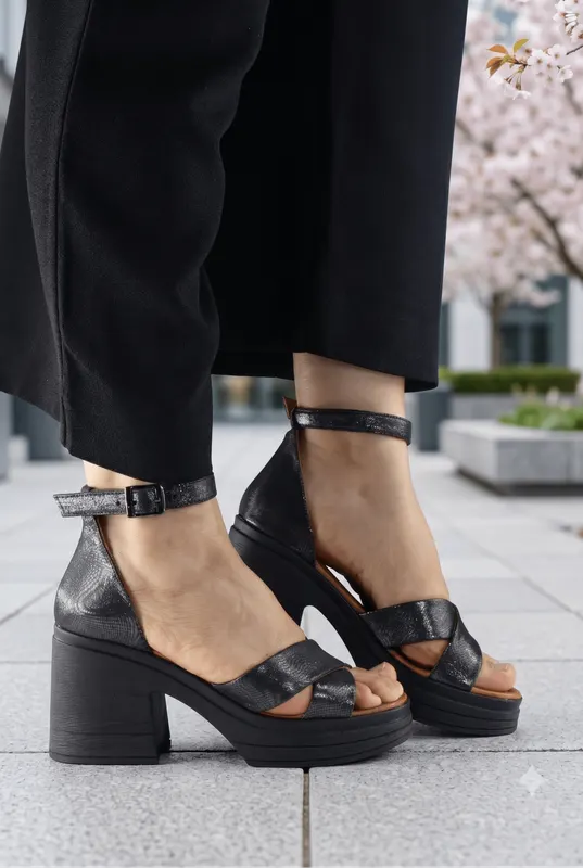 Sandale Dama din Piele Negre cu Toc Gros - TLEA SIDEF