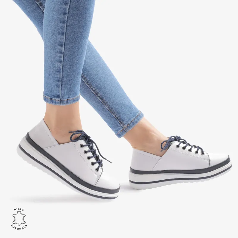 Pantofi casual piele naturala CRL877 Alb cu Bleumarin