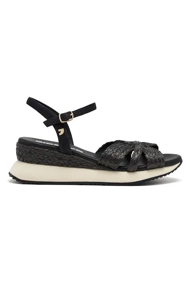 Sandale din piele ecologica impletita cu talpa wedge - Negru