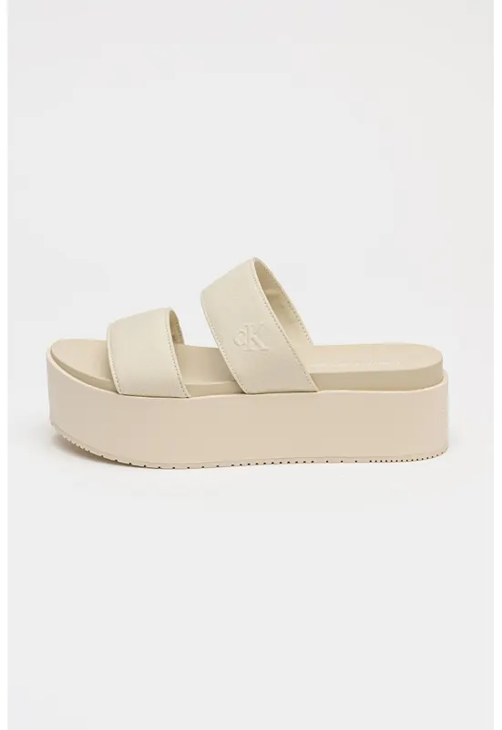 Papuci cu talpa flatform si bareta dubla - Maro nisip