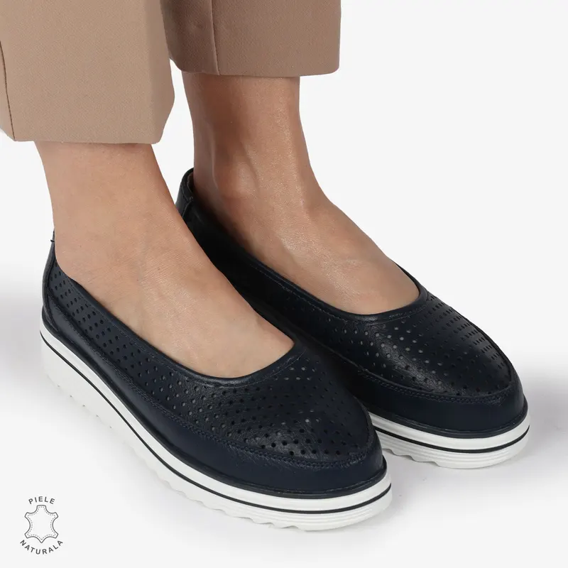 Balerini dama din Piele Naturala cu talpa groasa CRL0172 BLEUMARIN