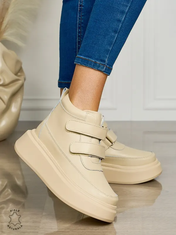 Ghete casual din piele naturală talpa solida cu Velcro si fermoar CRL1512 BEJ
