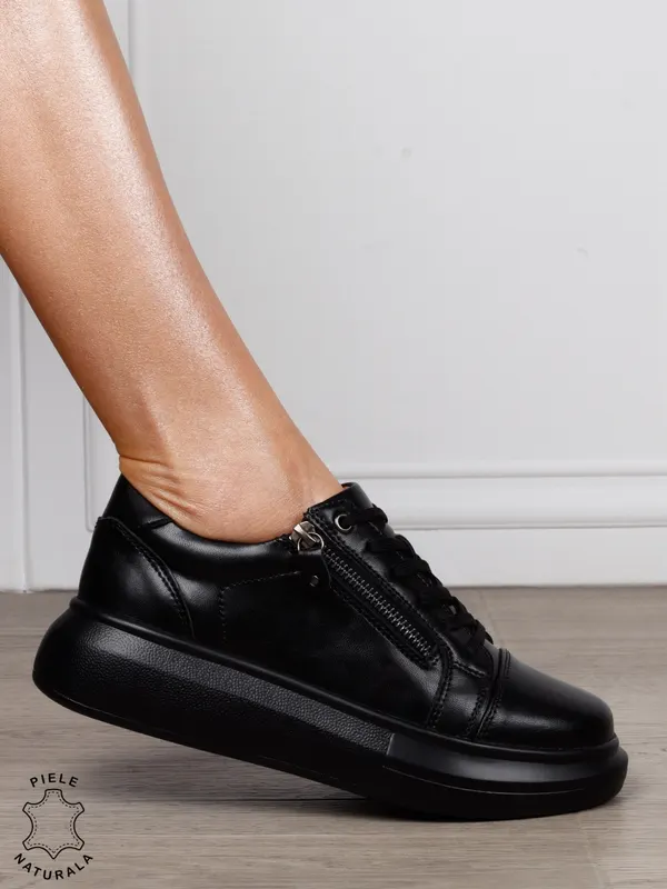 Pantofi Casual Damă din Piele Naturală cu Fermoar Lateral CRL1801 NEGRU