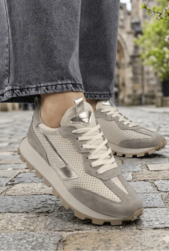Sneakers Dama Din Piele Albi cu Bej - CORE BEIGE
