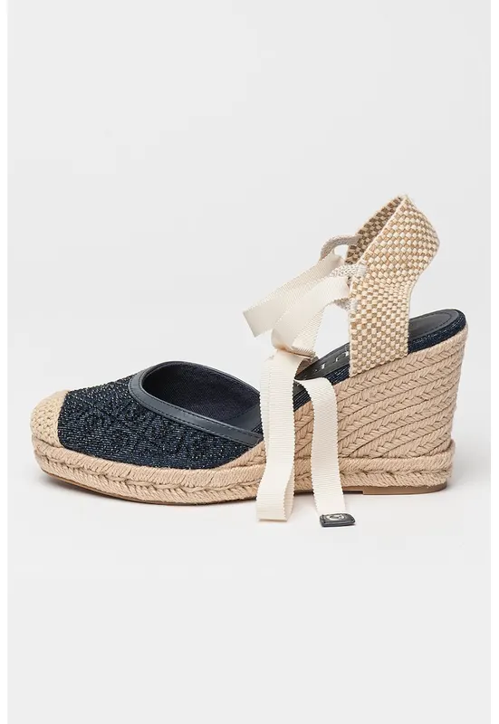 Espadrile wedge cu model monograma - Alb fildes/Bej/Bleumarin