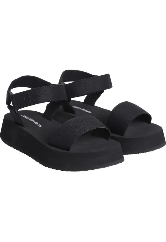 Sandale flatform din material textil cu segment cu inchidere velcro - Negru