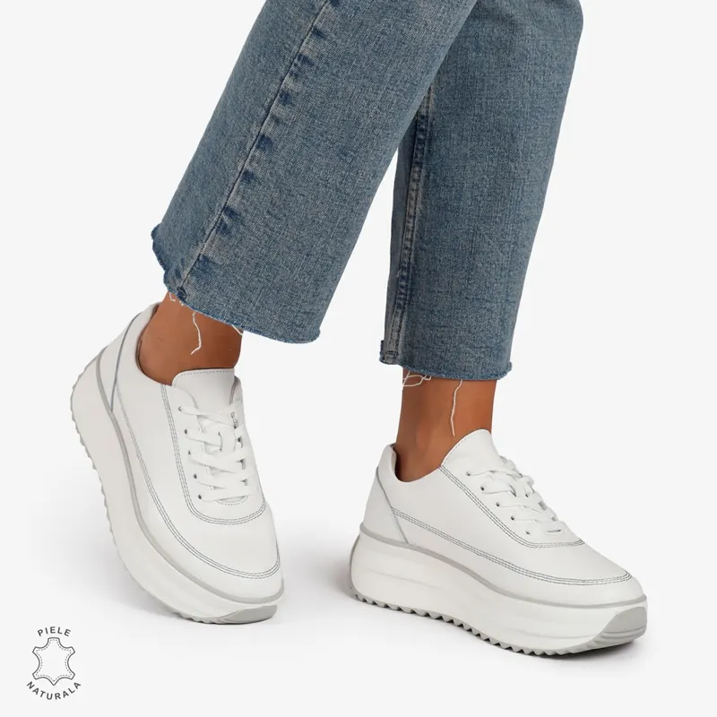 Pantofi Casual de dama din Piele Naturala cu talpa Inalta CRL1201 ALB